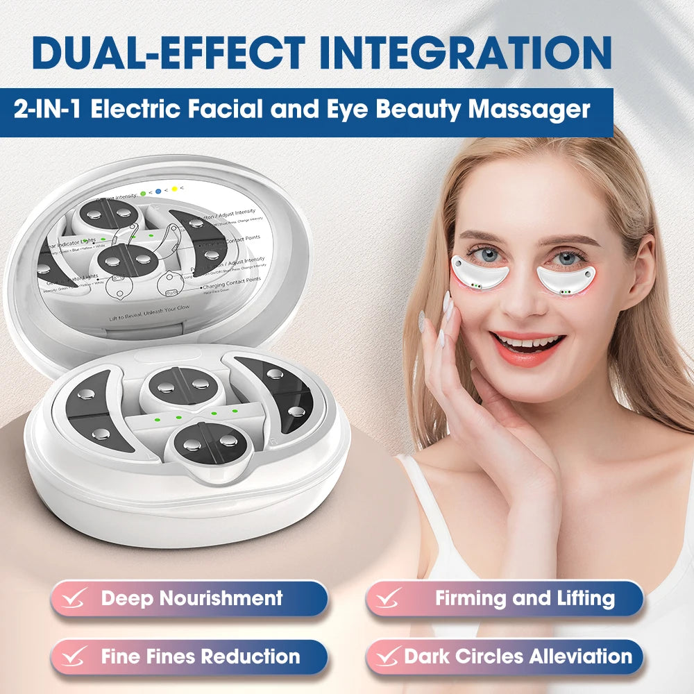 2-IN-1 Face & Eye Beauty Massager Micro-current Red Light EMS Anti Aging Bags Dark Circles Reduce Electric Eye Rejuvenation Pads Peaceful Pleasures Health and Wellness 2-IN-1