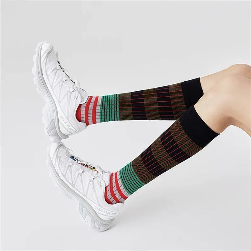 Women's Fashion Gradient Color Striped Retro Cotton Socks High Tube Soft and Comfortable Sports Women's Casual Socks Peaceful Pleasures Health and Wellness Brown EU36-39