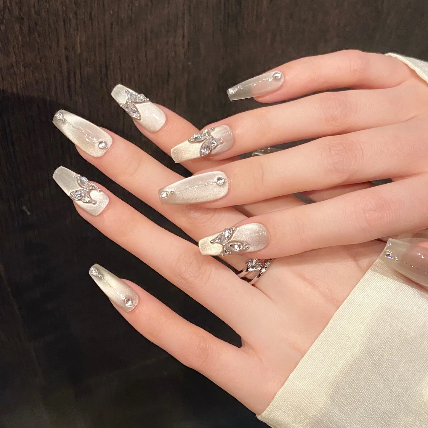 10pcs Handmade Press on Nails Shiny Sliver Cat Eye Fake Nail Tips with Sliver Butterfly Design Wearable Fashion False Nails Peaceful Pleasures Health and Wellness XS 1