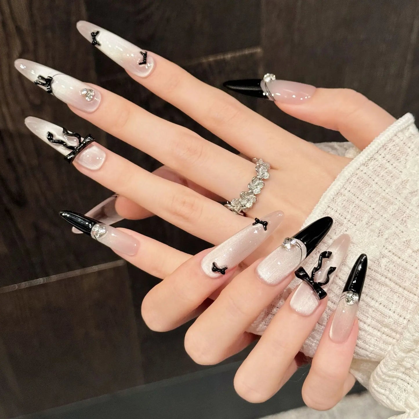 10pcs Handmade Almond French Press on Nails 3D Bow Decor Cat's Eye Fake Nail Tips Wearable Fashion Shiny Gentle False Nails Long Peaceful Pleasures Health and Wellness L