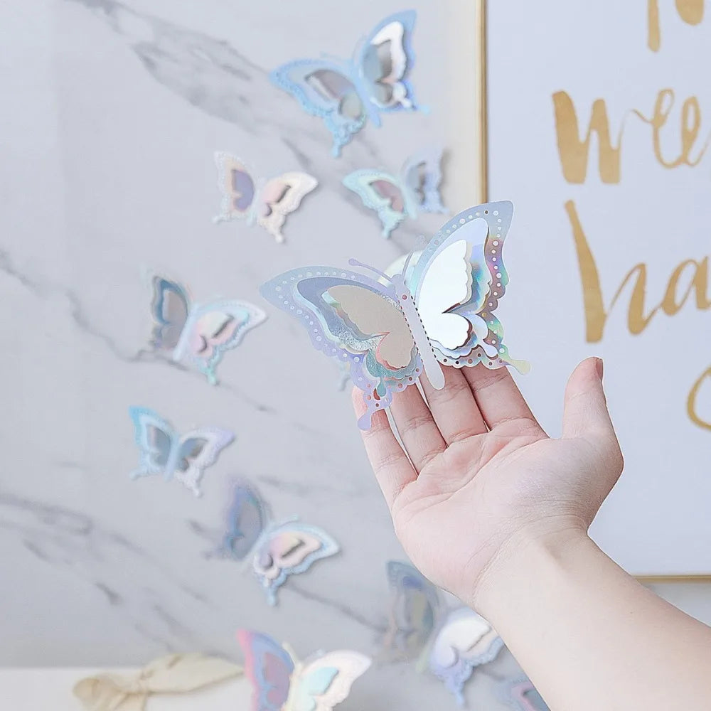 12pcs New 3D Butterfly Wall Stickers Self Adhesive Hollow Butterfly Butterfly Wallpaper DIY Decal Festival Decoration Peaceful Pleasures Health and Wellness C-Colorful Silver