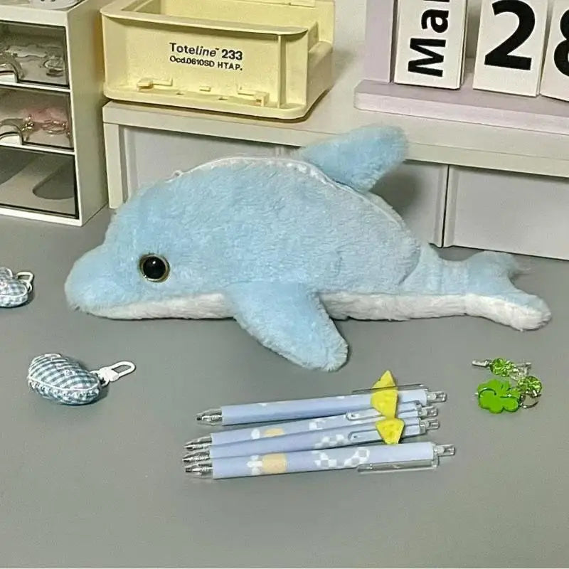 Dolphin Plush Pencil Case – Large Capacity Stationery Bag