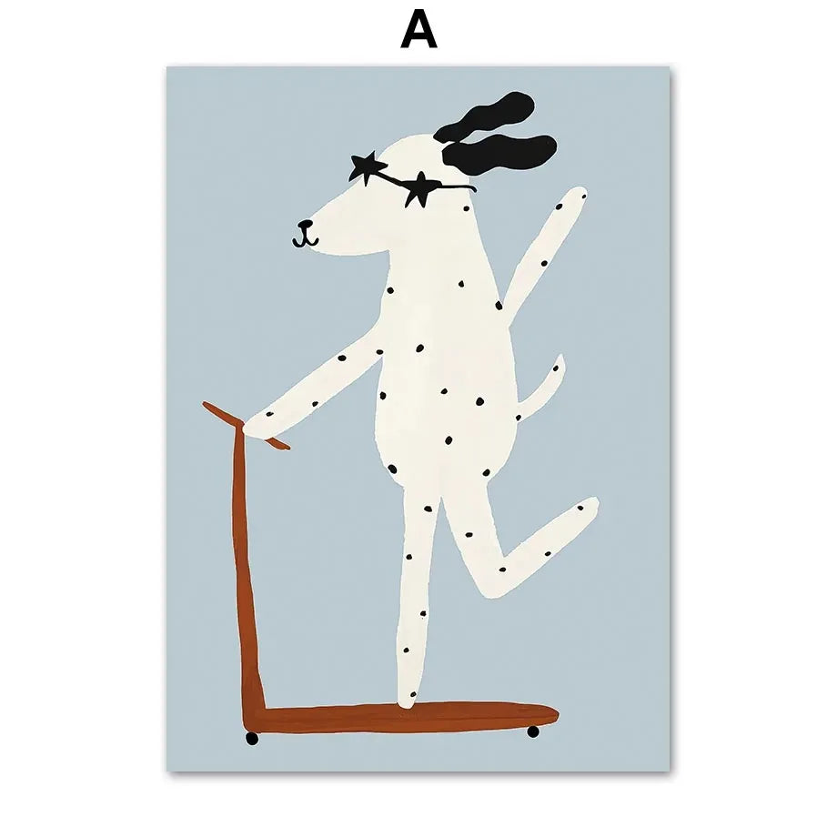 Funny Animal Scooter Kids Canvas Wall Art | Nursery Prints