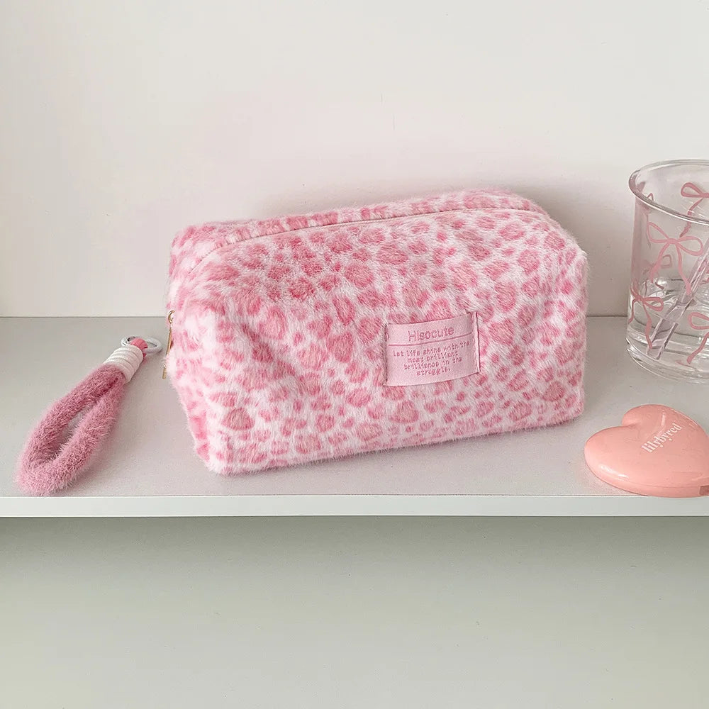 Plush Leopard Print Makeup Bag Student Portable Stationery Pencil
