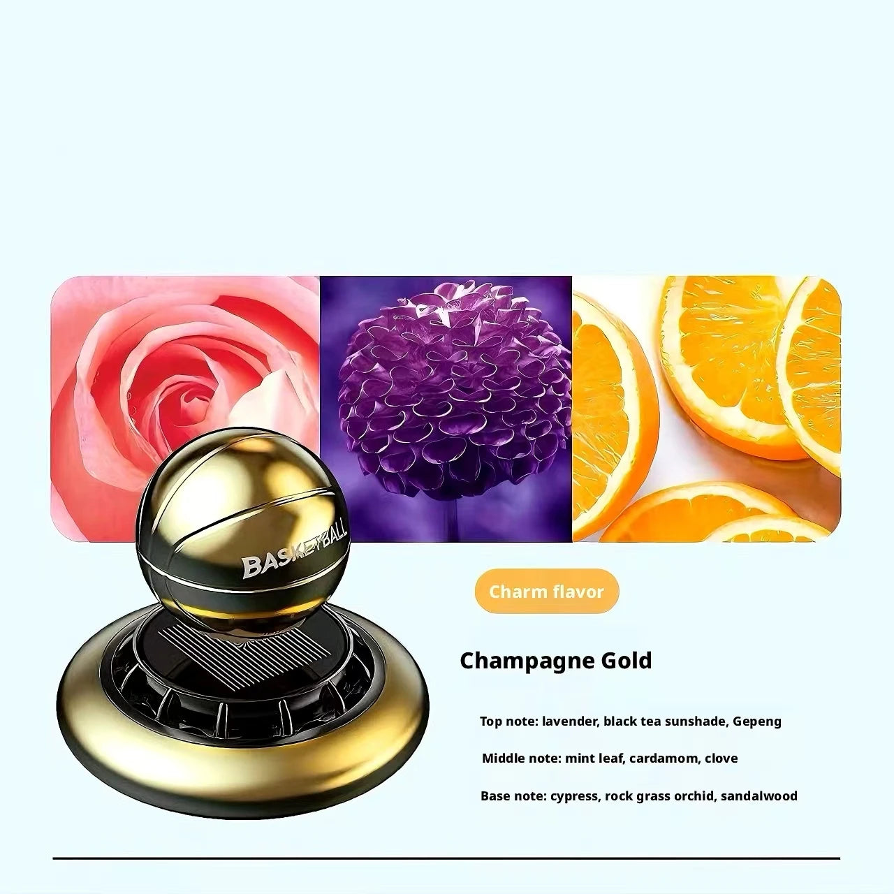 Automatic Rotating Basketball Car Perfume Solar Energy Aromatherapy Diffuser Formaldehyde Remover Long Lasting Light Scent Peaceful Pleasures Health and Wellness Champagne Gold