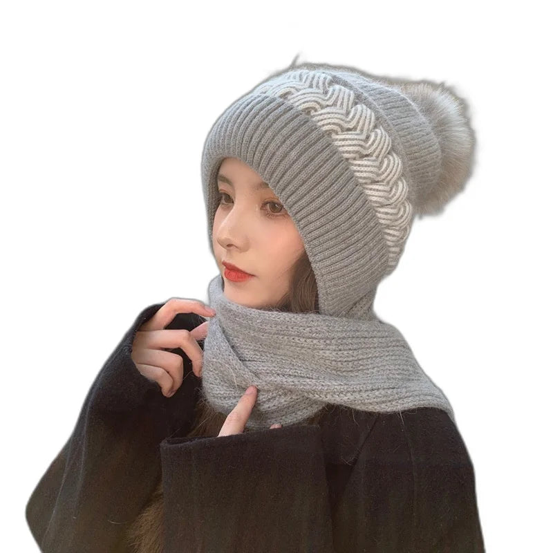Winter Warm Knitted Hat for Women Thickened Soft Yarn Outdoor Cycling Cap Windproof Earflap Peaceful Pleasures Health and Wellness GRAY