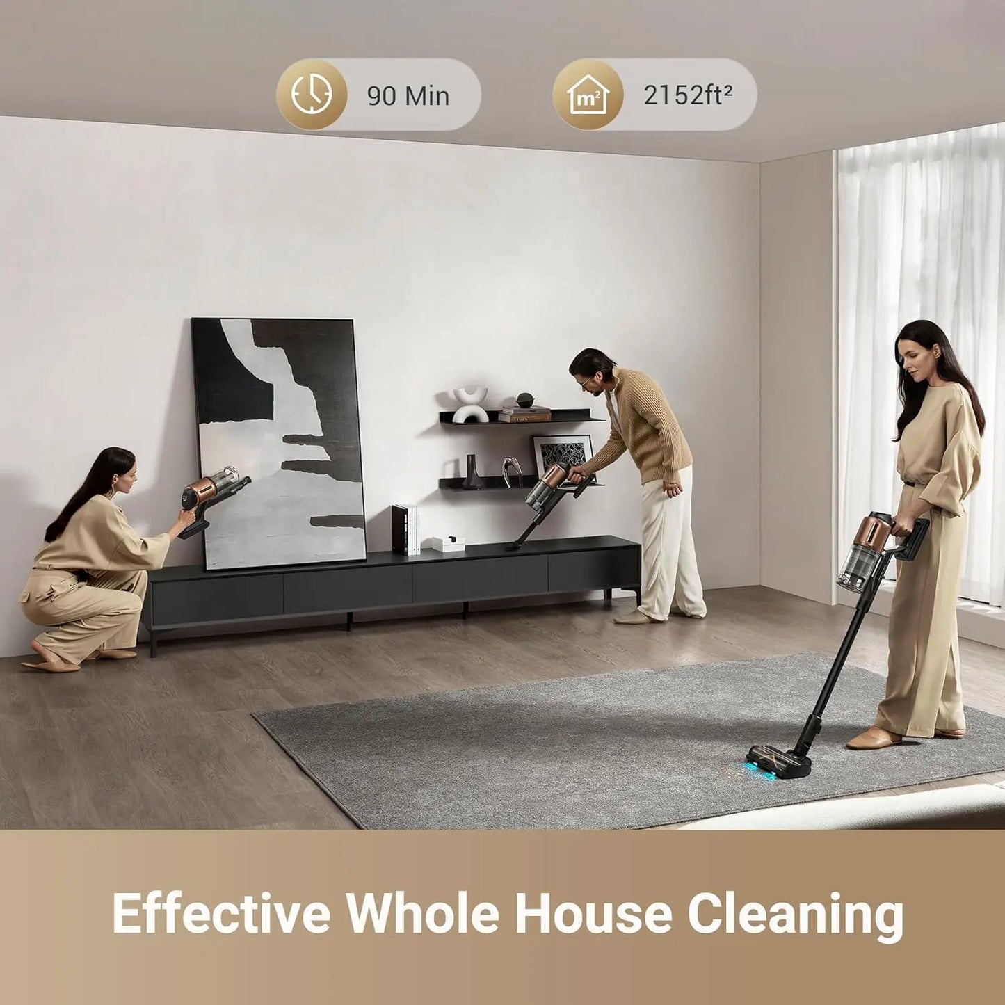 Two people cleaning a living room with vacuum cleaners, with text indicating cleaning time and area.