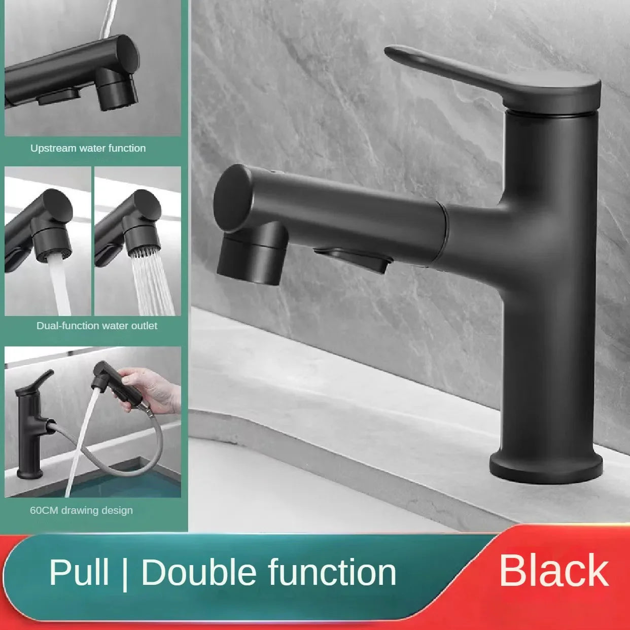 3-Pattern Pull-Out Bathroom Faucet | Single Hole Swivel Spout