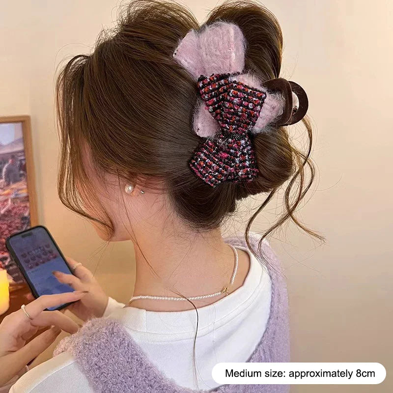 Retro Double Bow Color-Block Large Shark Hair Clip for Women