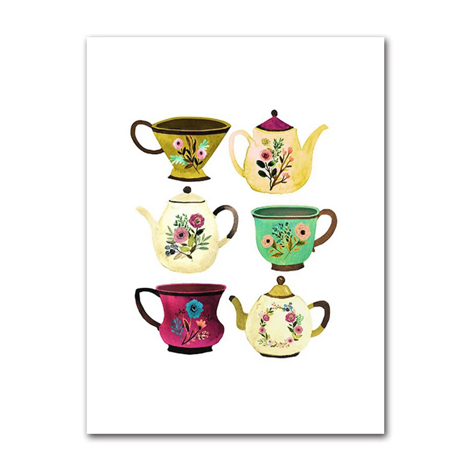 Vintage Teacup Watercolor Art Print, Blue Willow Chinese Teacup Oil Painting Mural Poster for Home Decor Peaceful Pleasures Health and Wellness
