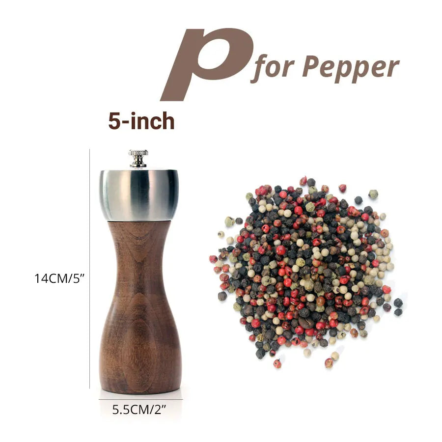Premium Beech Pepper Mill, Salt and Pepper Grinder - Precision Carbon Steel Rotor Use for Peppercorn, Sea Salt, Pepper Peaceful Pleasures Health and Wellness 5 inch for pepper