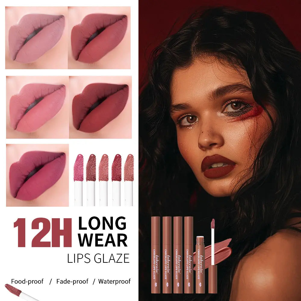 5-Piece Chocolate Matte Lip Gloss Set – Waterproof & Moisturizing Matte Lip Gloss Set Peaceful Pleasures Health and Wellness