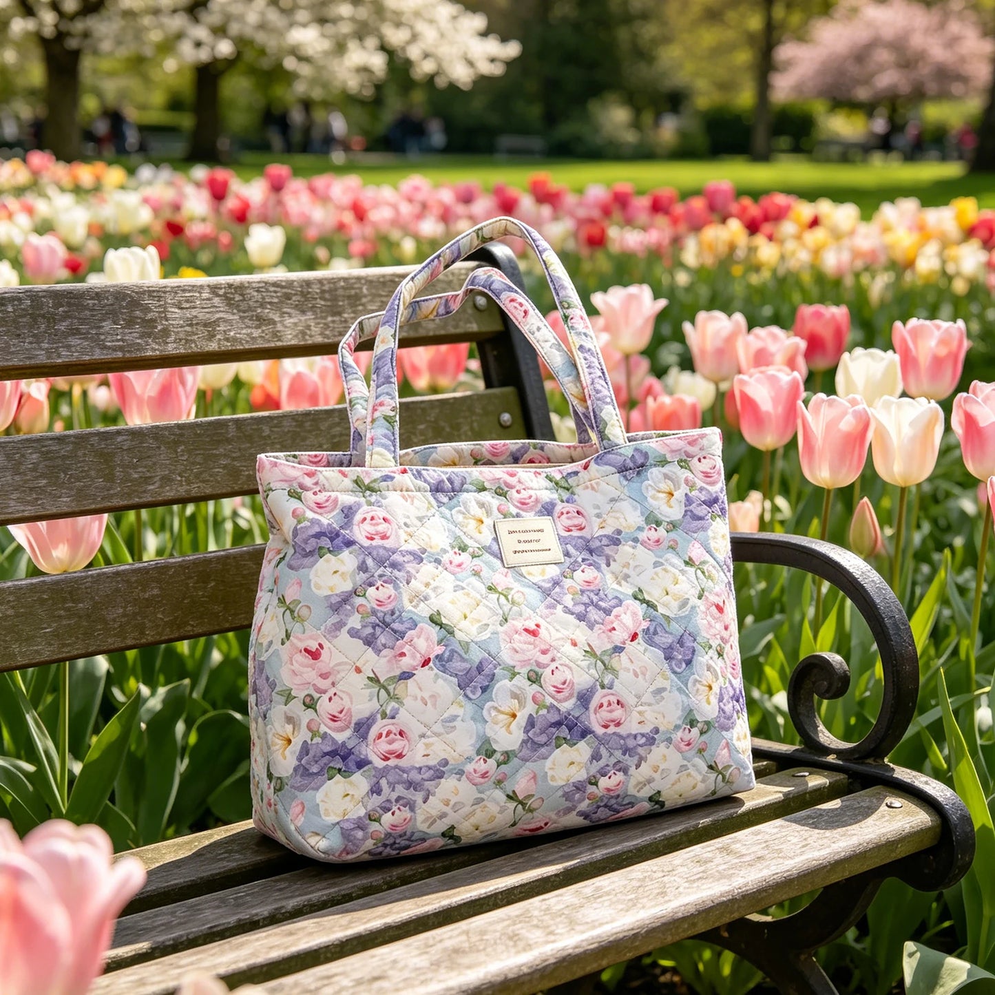 Women Quilted Cotton Laptop Work Tote Bag Lightweight Flower Print Shoulder Bags French Styles Armpit Bags for Daily Travel Work Peaceful Pleasures Health and Wellness Purple flower