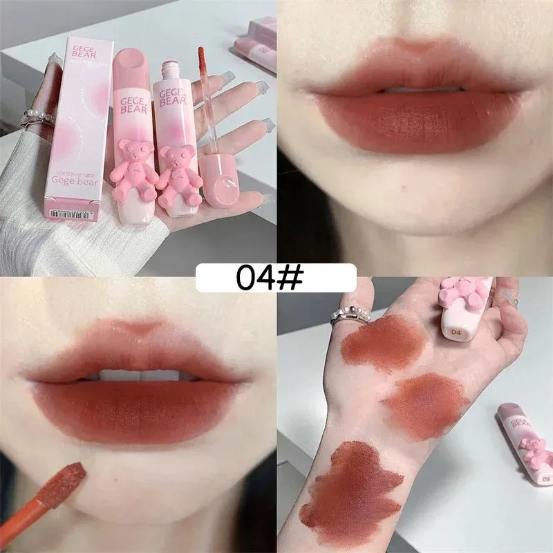 Cute Bear Matte Velvet Liquid Lip Gloss – Waterproof & Long-Lasting