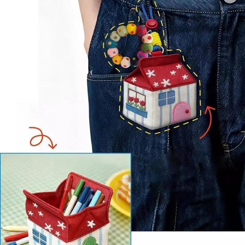 Red House Earphone & Coin Storage Bag Keychain Pendant