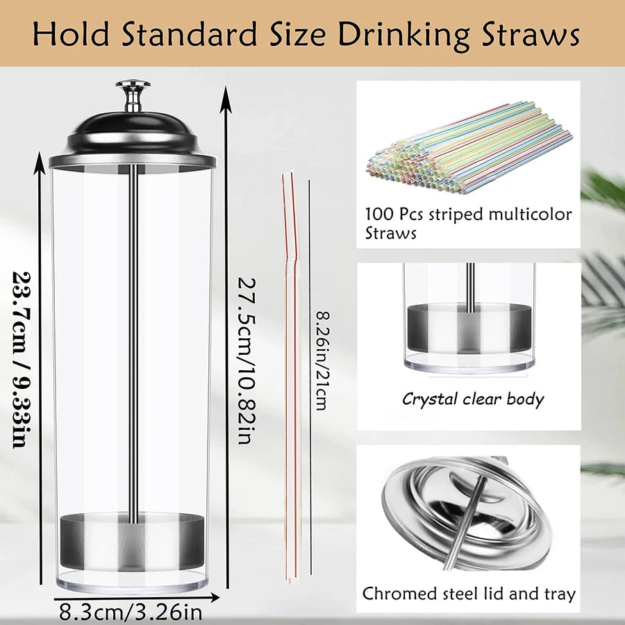Acrylic Straw Holder & Dispenser with Lid – Clear Counter Storage Organizer for Standard Drinking Straws