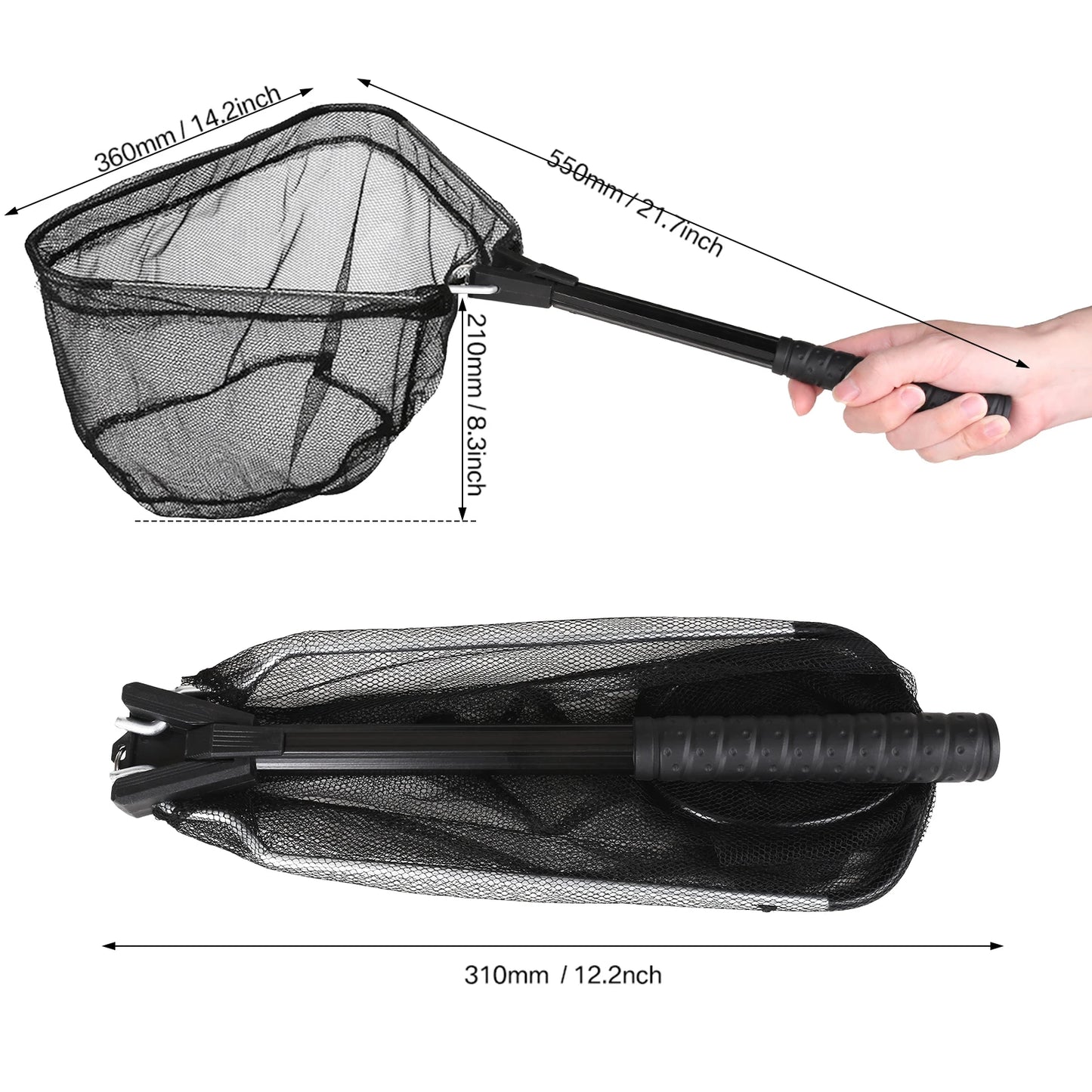 Fishing Net Foldable Collapsible Telescopic Fish Landing Net Durable Nylon Material Mesh Landing Net for Easy Catching Releasing Peaceful Pleasures Health and Wellness Black
