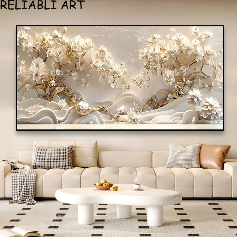 3D Golden White Flower Tree Canvas Wall Art | Luxury Poster