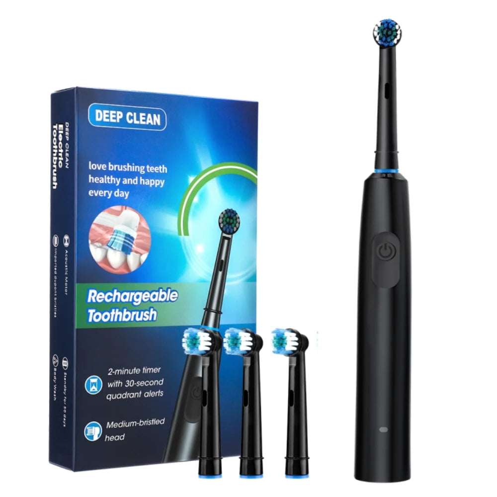 Electric Toothbrush Rotary Rechargeable Teeth Cleaner for Adults Soft Bristles Rotating Round Brush Heads Smart Timer Toothbrush Peaceful Pleasures Health and Wellness Black 4pcs heads