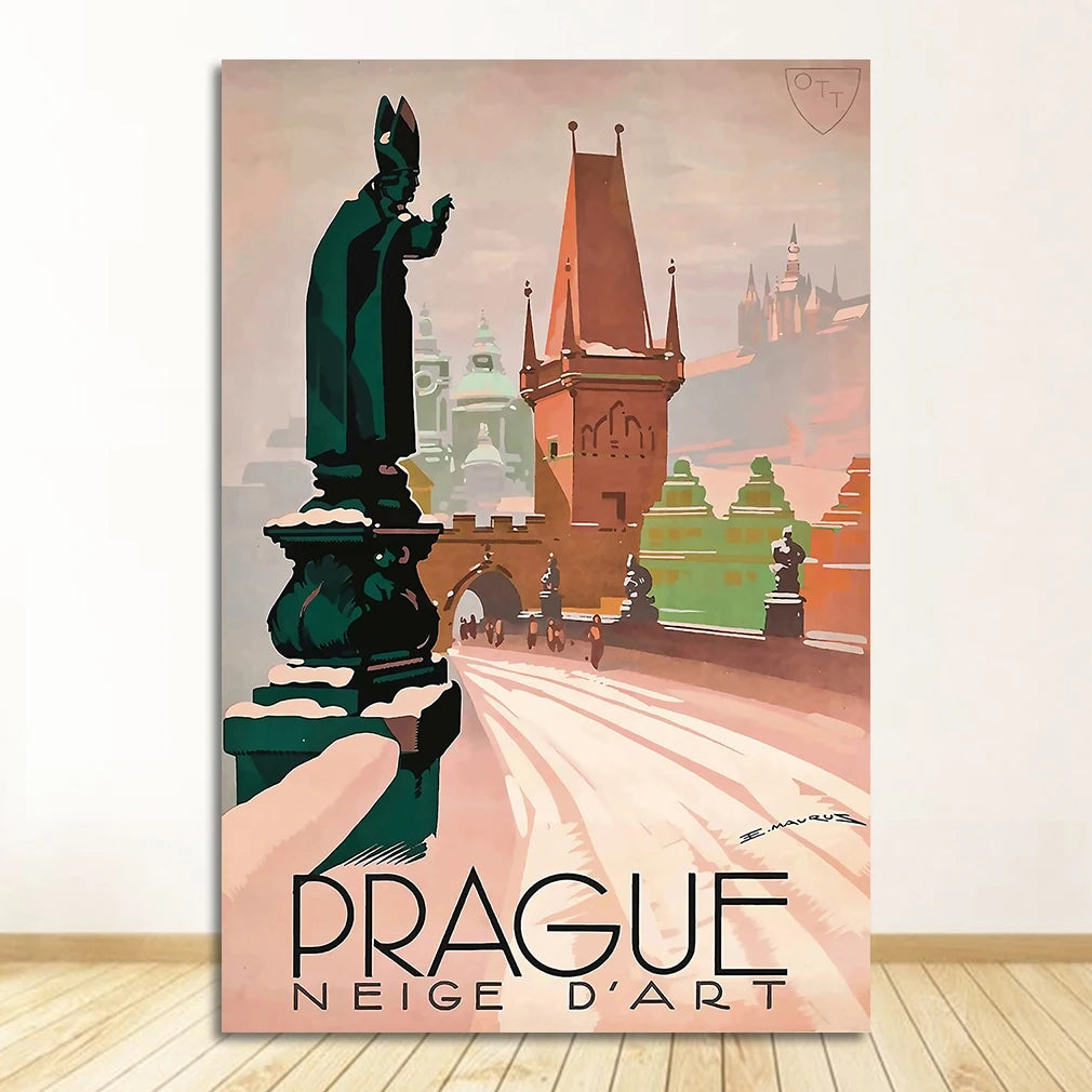 Prague Czech Republic Vintage Travel Canvas Wall Art Poster