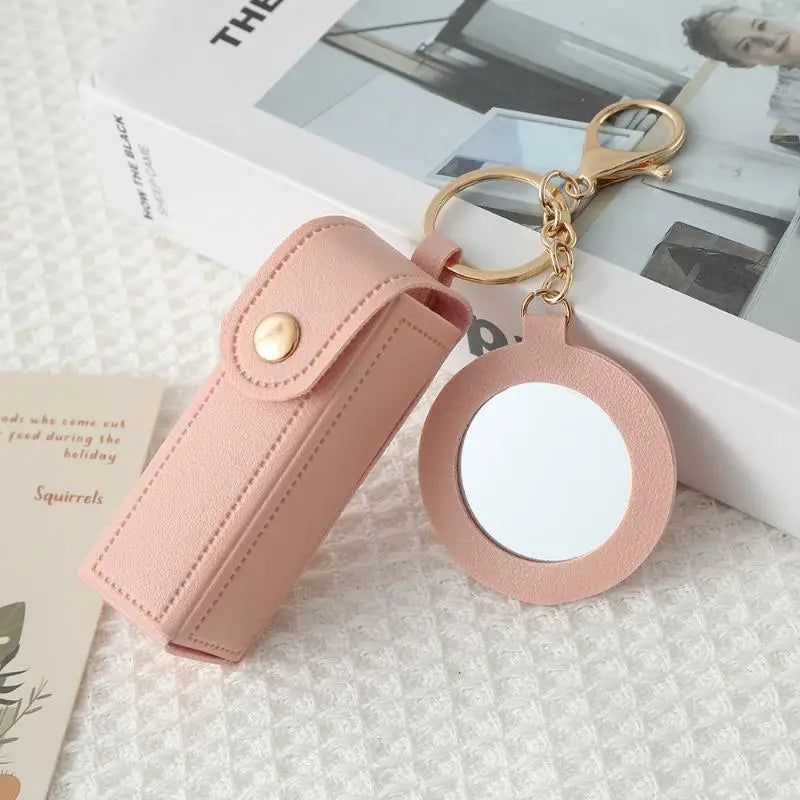 PU Leather Lipstick Holder Keychain with Flower Mirror