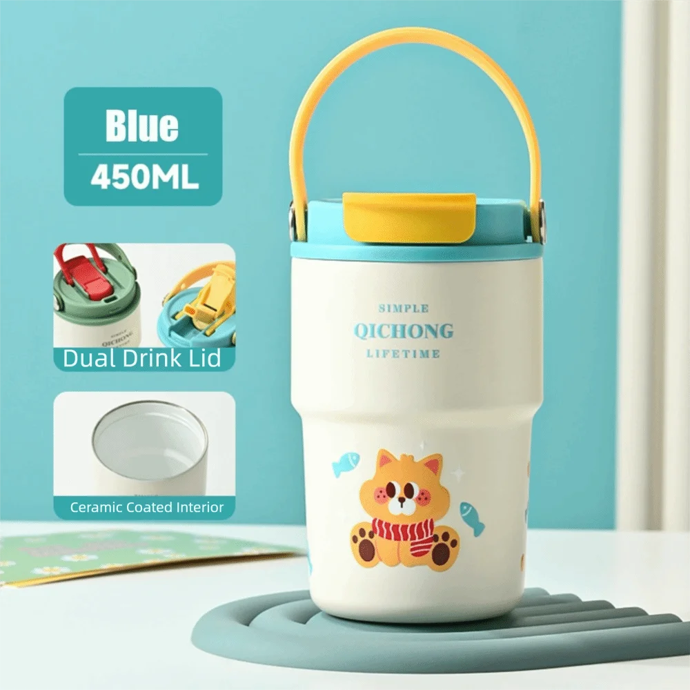 New Ceramic Liner Insulated Cup 450ML Handle Vacuum Mug Double drinking straw Water Bottle Gifts Peaceful Pleasures Health and Wellness Blue-450ml <50ml