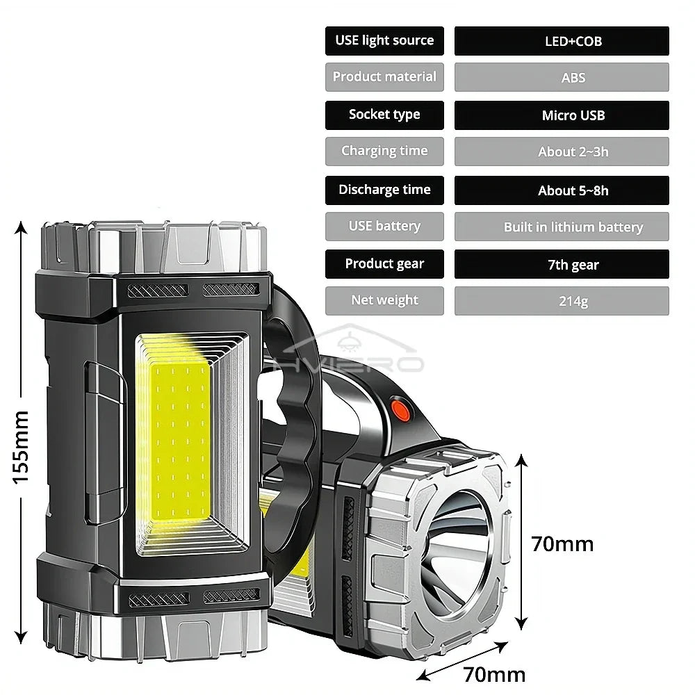 HVIERO COB LED Flashlight – Solar USB Rechargeable, Waterproof