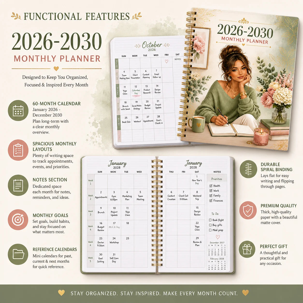 2026-2030 Monthly Planner Journal A5 Spiral-bound Life Organizer