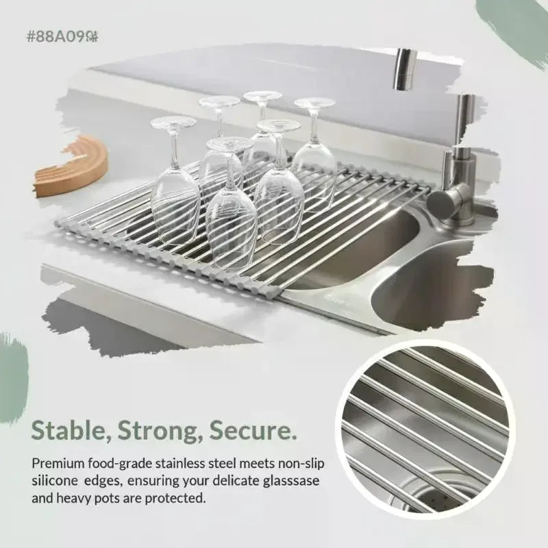 Roll Up Dish Drying Rack | Foldable Stainless Steel Sink Mat