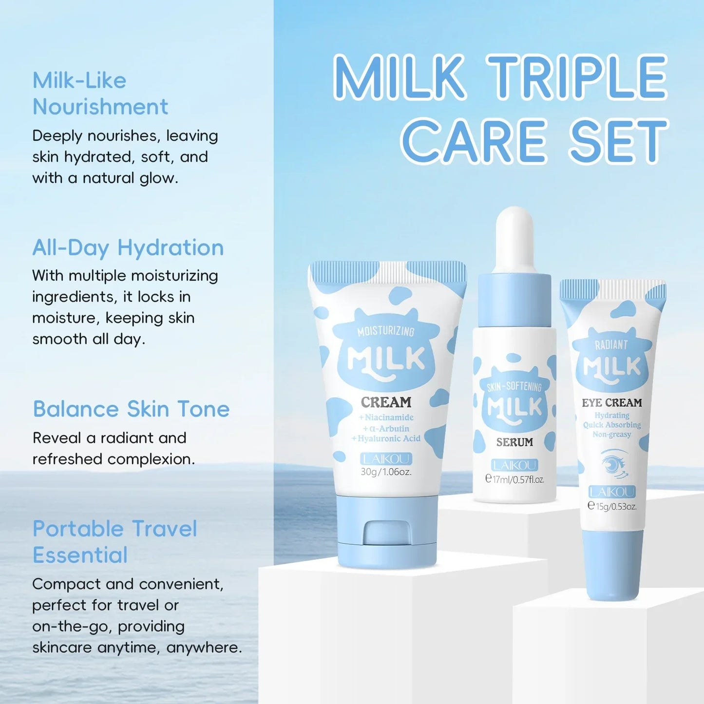 LAIKOU Milk Skincare Travel Set – Serum, Eye Cream & Face Cream 3pcs Peaceful Pleasures Health and Wellness