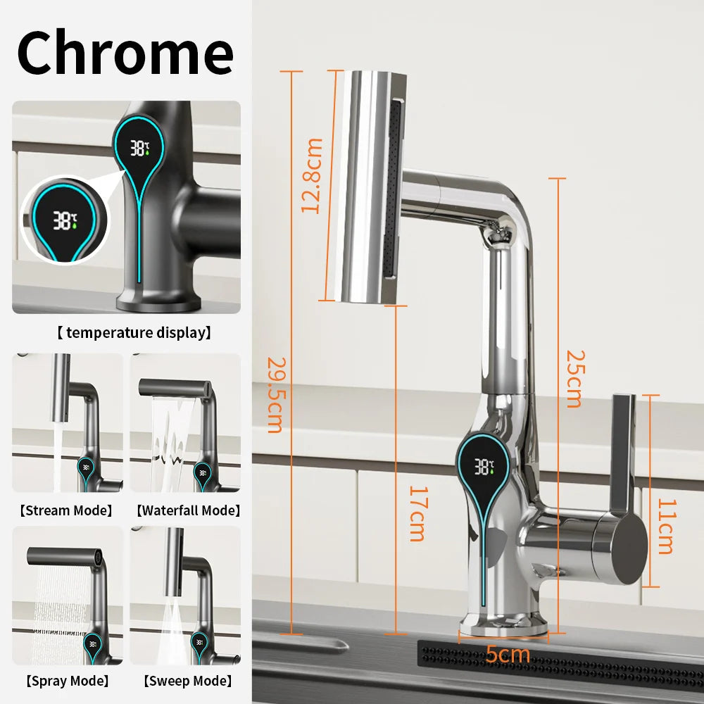 AOGUTU Waterfall Faucet with Digital Temperature Display | Brass