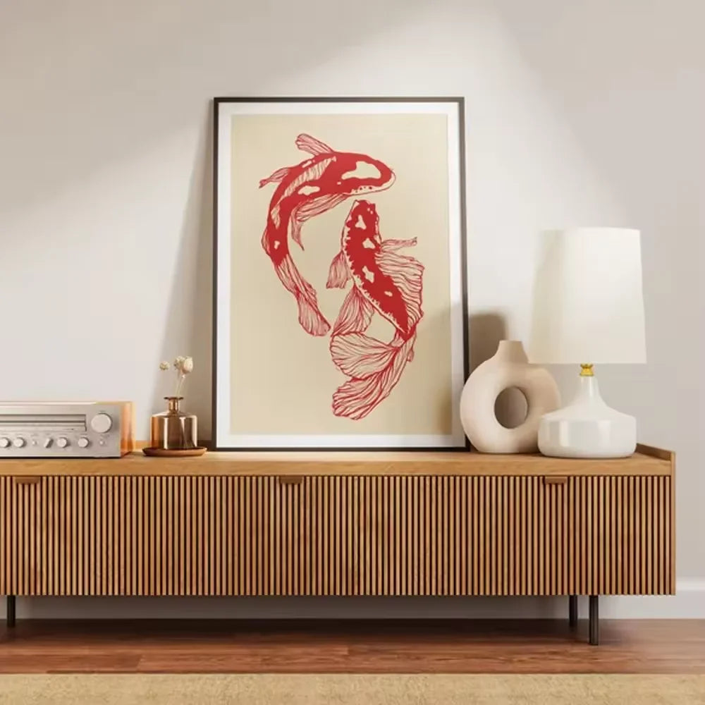 Vintage Red Koi Fish Canvas Wall Art Poster – Unframed