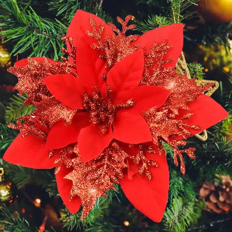 20 pieces of simulated Christmas flowers with clips and stems - lifelike red, gold, green, brown, purple, pink, orange, yellow, Peaceful Pleasures Health and Wellness Red