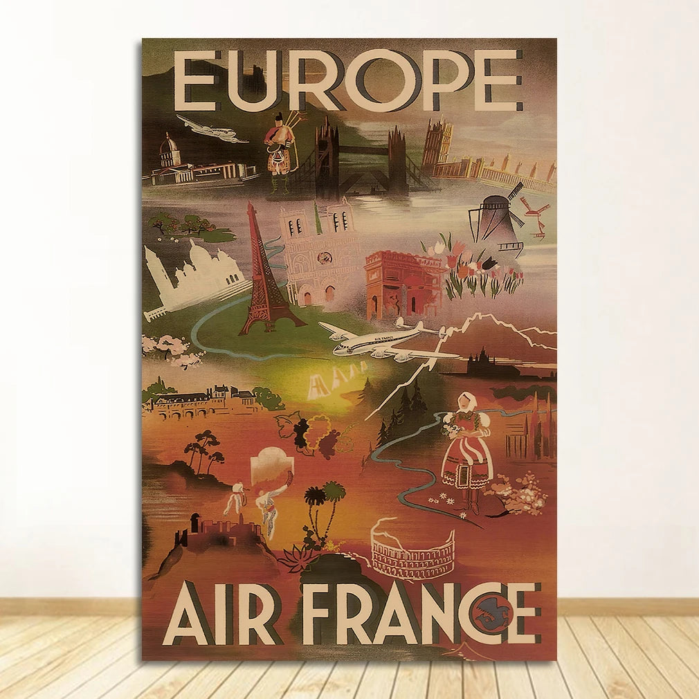 France & Japan Vintage Travel Canvas Poster | Unframed Wall Art