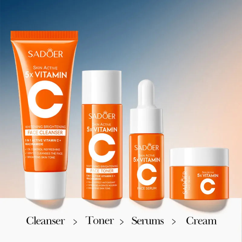 4pcs/box SADOER 5x Vitamin C Kit Whitening Moisturizing Travel Set(Facial Cleanser, Toner, Serum, Face Cream) Peaceful Pleasures Health and Wellness