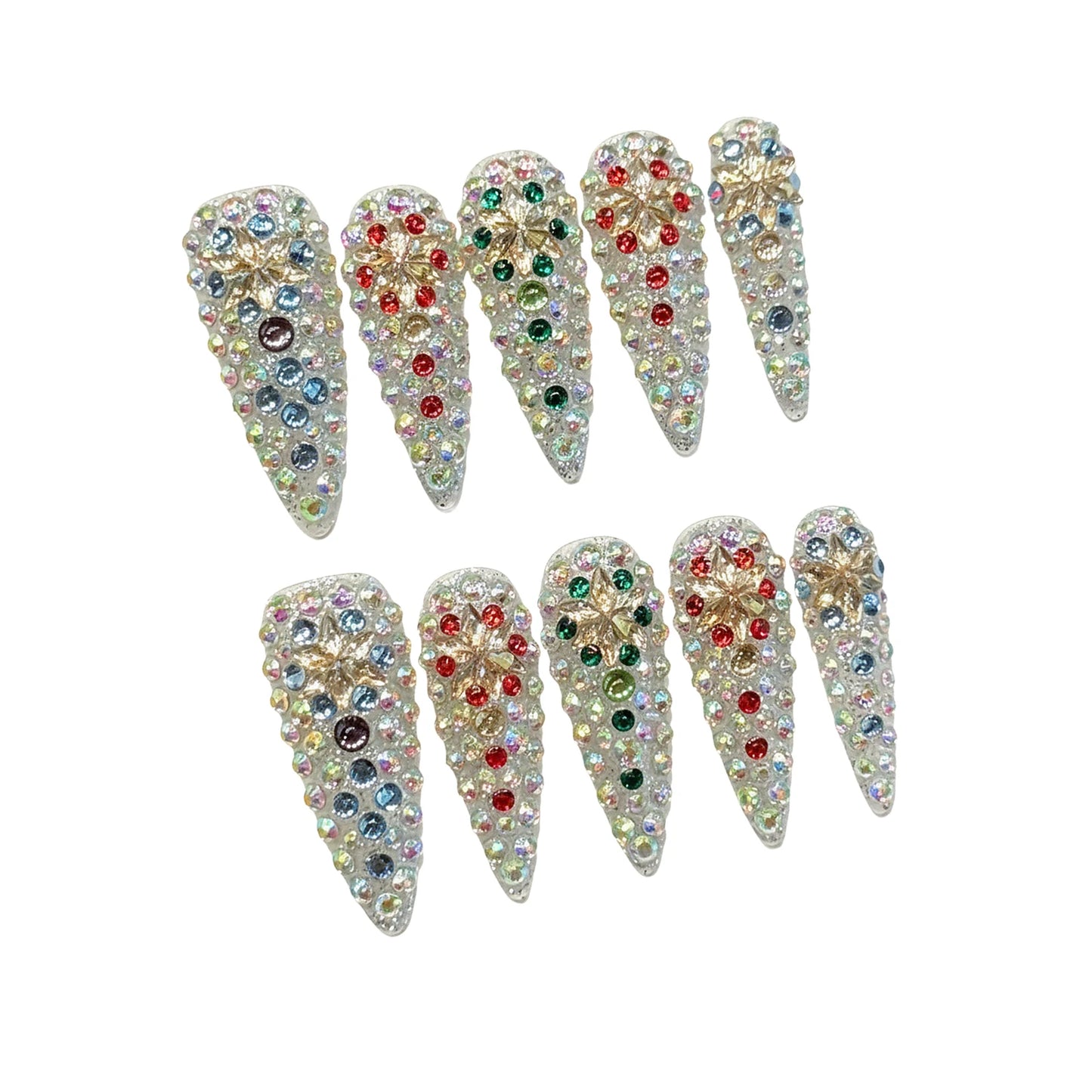 Rhinestone Press-On Nails | Long Stiletto Fake Nail Tips 10pc