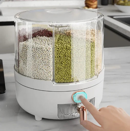 Rotating 6-Grid Rice Dispenser, Airtight Grain Storage Container Large Capacity Kitchen Food Canister for Cereal, Beans Peaceful Pleasures Health and Wellness Large