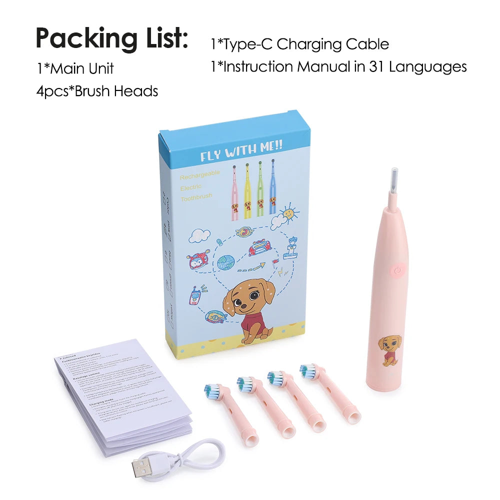 Children's Cartoon Electric Toothbrush with 4 Replacement Heads 5 Cleaning Modes Rotating Smart Rechargeable Auto Tooth Brush Peaceful Pleasures Health and Wellness Pink