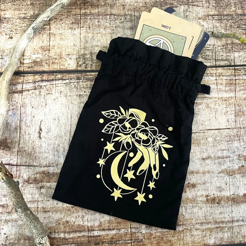 5-Pack Golden Moon Black Velvet Drawstring Bags | Tarot & Jewelry