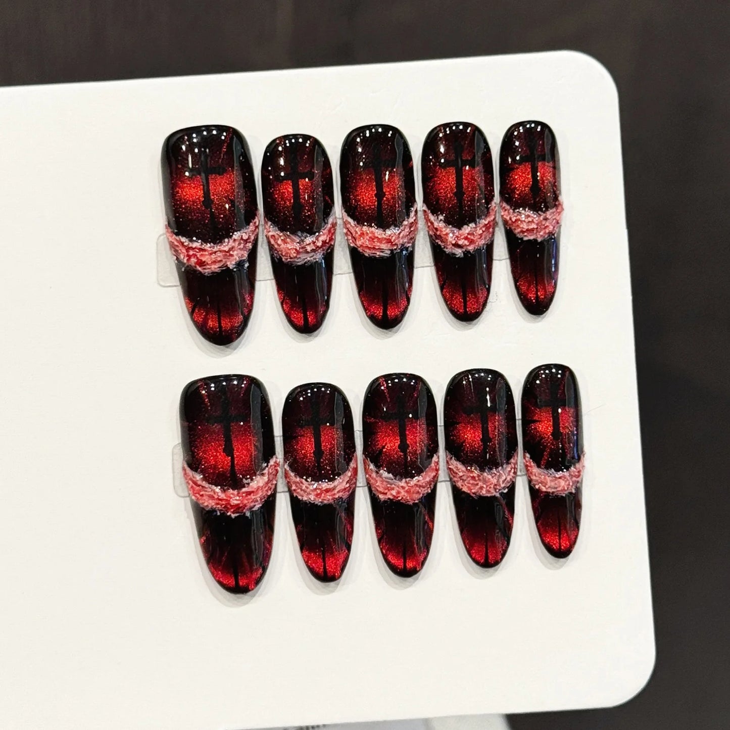10pcs Handmade Press on Nails Retro Red Brown Cat's Eye Fake Nail Tips Wearable Y2K Long Almond Flash Cool 3D False Nails Decor Peaceful Pleasures Health and Wellness XS 1