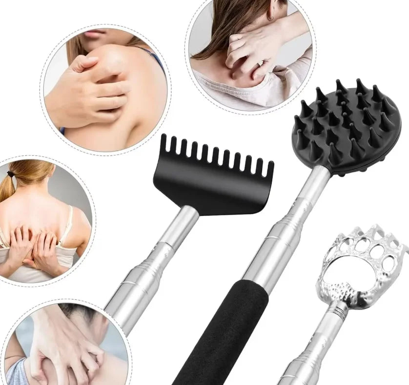 Itchy Scratch Retractable Back Gripper Double-Sided with 3 Detachable Gripper Heads Metal Claw/Rake for Hard-to-Reach Areas Peaceful Pleasures Health and Wellness Silver
