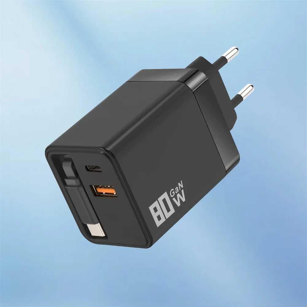 80W Fast Charger | Retractable USB-C Cable, 3-Port Wall Charger