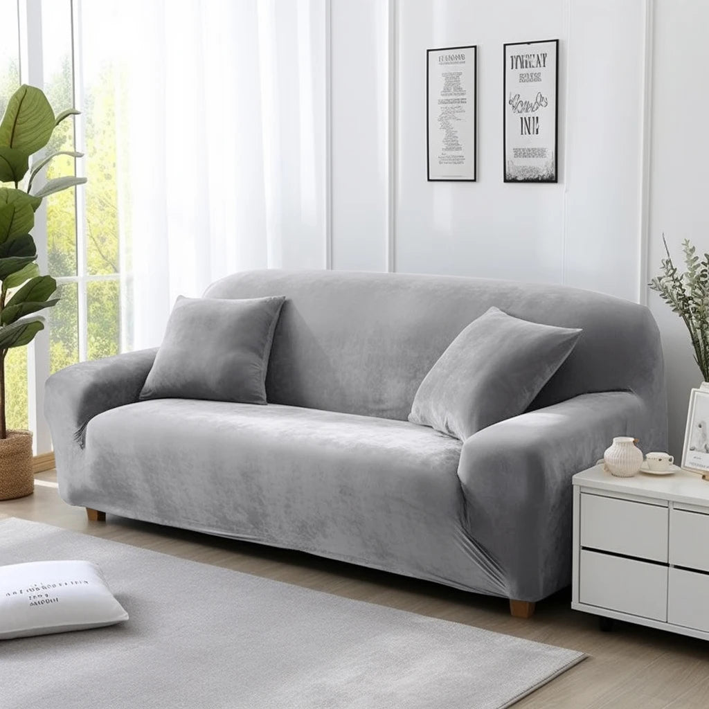 Thick Velvet Sofa Covers 1 2 3 4 Seater Stretch Non-Slip Couch Cover Furniture Protector Plush Sofa Slipcovers with 1 Pillowcase Peaceful Pleasures Health and Wellness Light Grey 1seat (90-140cm)