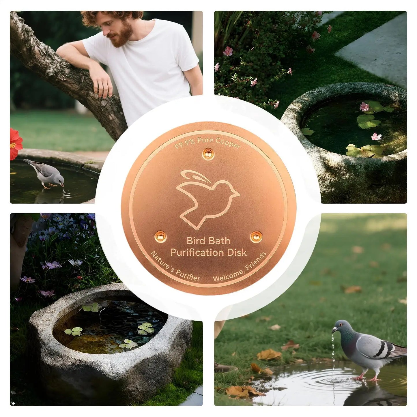 Universal Bird Bath Copper Disk Bird Bath Purification Disk With 3 Point Support Metal Cleaner Disks For Outdoor Bird Bath Tubs Peaceful Pleasures Health and Wellness