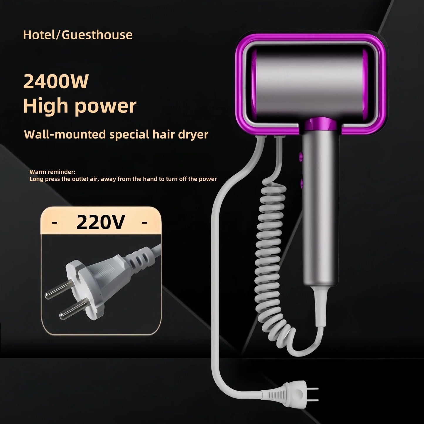 New Hotel/Hotel Special Hair Dryer High-Power Quick-Drying Modeling Wall-Mounted Perforation Free Hair Dryer US/EU/AU Peaceful Pleasures Health and Wellness E-Purple US
