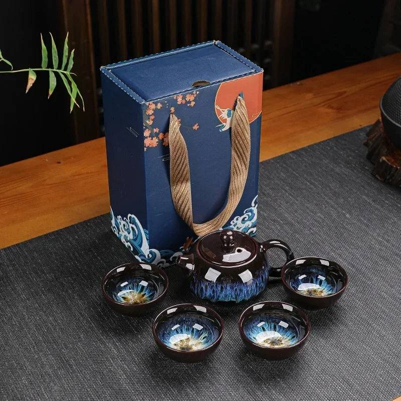 Classical Design Teapot Sets Gift Bag Drinkware Tea Sets Hand Painting Country Ceramic Chinese Tea Set Cup And Tea Pot Set Peaceful Pleasures Health and Wellness B 5PCS