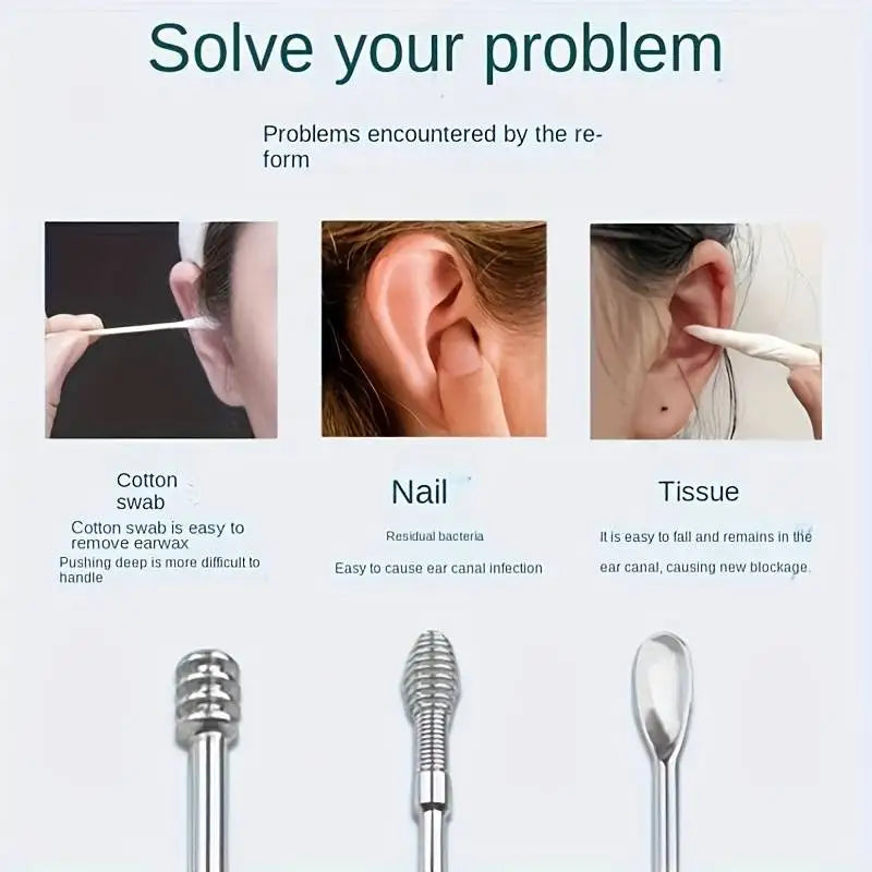 6pcs Stainless Steel Ear Wax Removal Tool Set Spiral Rotating EarPicking Spoon Ear Picker Spoon For Cleaning Collecting Ear Wax Peaceful Pleasures Health and Wellness