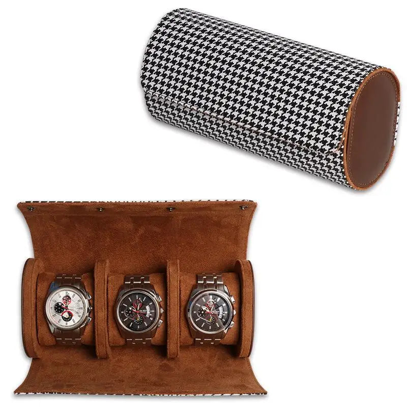 Houndstooth PU Leather Watch Roll Travel Case | 1-3 Slots
