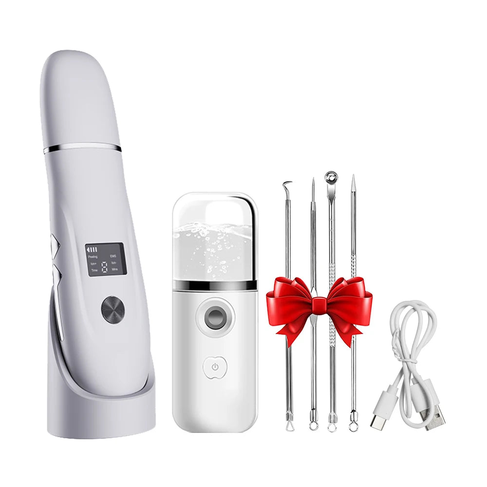 Ultrasonic Face Scrubber Facial Peeling Skin Scrubber Deep Facial Cleaning Spatula Acne Pore Ultrasonic Scrubber Facial Cleanser Peaceful Pleasures Health and Wellness White kit add gift