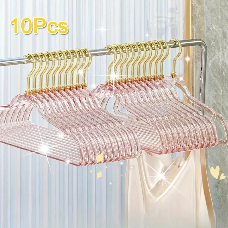 10Pcs Clear Clothes Hangers Acrylic Hanger Clothing Organizer Wardrobe Pants Coat Hanger Drying Rack Transparent Gold Hook Peaceful Pleasures Health and Wellness 10Pcs Pink